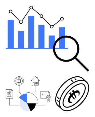 Çubuk grafik, büyüteç, ev ve bitcoin ikonlarıyla birlikte pasta grafiği ve madeni para analiz, kripto para ve yatırım temalarını gösteriyor. Finans, veri, araştırma kripto para birimi için ideal