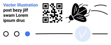 QR kodu, siyah ve beyaz sinek grafiği, lorem ipsum metni, kontrol işareti, ilerleme çizgisi ve dairesel simgeler. Teknoloji, doğa kodlama iletişim tasarımı pazarlama içeriği yaratmak için idealdir. İniş sayfası