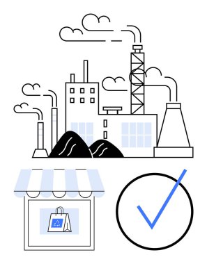 Duman yayan endüstriyel fabrika, alışveriş çantalı perakende satış mağazası, kalite kontrolü. Sürdürülebilirlik, üretim, perakende, iş ahlakı, kalite kontrolü, çevre bilinci için ideal