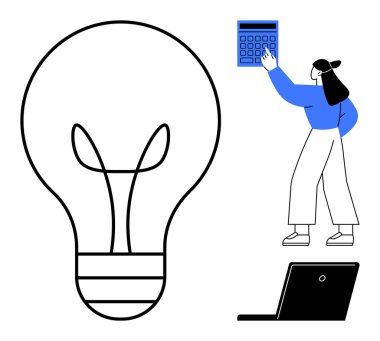 Laptopun yanındaki mavi hesap makinesini gösteren kadın ve büyük ampul çizgisi. Yenilik, yaratıcılık, teknoloji, finans, problem çözme, eğitim ve takım çalışması için idealdir. Düz basit metafor
