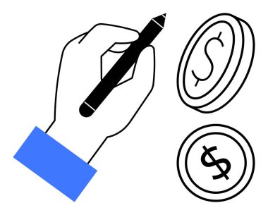 Gelir, ekonomi ve yaratıcılığı vurgulayan dolar sikkeleri çizen el ele tutuşma. İş, yatırım, finans, pazarlama, tasarım, eğitim dairesi için ideal basit metafor