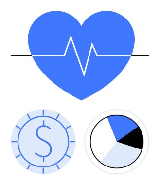Kalp atışı çizgisi olan mavi kalp, madeni açıdan para, analitiği temsil eden pasta tablosu. Sağlık, finans, refah, veri analizi, bütçe oluşturma, ekonomik sağlık düzlemi kavramı için ideal