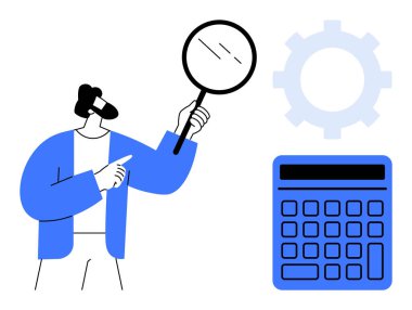 Hesap makinesini ve teçhizatı gösteren büyüteç tutan kişi analizi, hesaplamayı, çözümleri temsil ediyor. Araştırma, veri analizi, sorun çözme, yenilik, eğitim ve takım çalışması için ideal