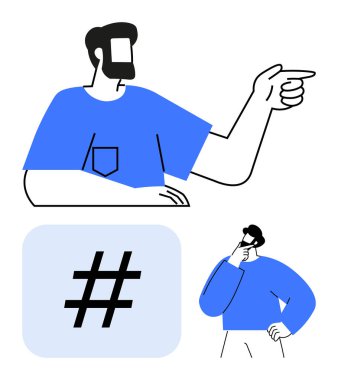 Adam iddialı bir şekilde, daha küçük bir figür düşüncelere dalmış, ve mavi bir kutuda çerçevelenmiş kalın bir üstveri etiketi. Sosyal medya, iletişim, karar verme, kişisel markalaşma, takım çalışması ve strateji için ideal