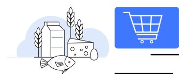 Bakkal tezgahının yanında süt kutusu, peynir dilimi, balık, yumurta ve buğday. Yiyecek alışverişi için ideal, beslenme, e-ticaret, market teslimatı sağlıklı yemek planlama, düz metafor.