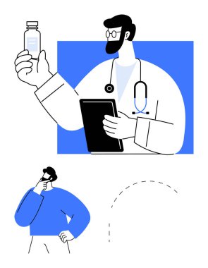 Doktor ilaç şişesini ve pano hastasını düşünceli bir şekilde tutuyor. Sağlık, danışmanlık, ilaç, karar verme, tıbbi tavsiye, tele sağlık, eğitim için idealdir. Basit düz metafor