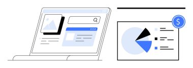 Finansal konsolun yanında açık web arayüzü olan dizüstü bilgisayar pasta grafiği ve analizleri gösteriyor. Ticari içgörüler, veri görselleştirme, finans, araştırma, teknoloji, strateji, üretkenlik için ideal