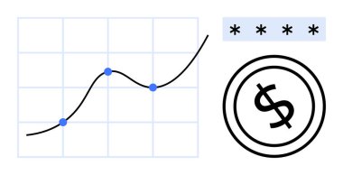 Yükselen eğilimi, parola alanını ve dolar para simgesini gösteren dört veri noktası olan çizgi grafiği. Finans, analitik, güvenlik, büyüme, yatırım stratejisi planlama projeleri için ideal. Düz basit