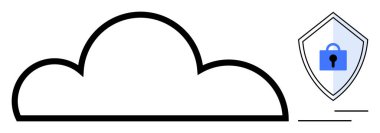 Kilit sembollü bir kalkanın yanında bulut çizgisi. Veri güvenliği, çevrimiçi depolama, gizlilik koruması, siber güvenlik, güvenli bulut çözümleri, dijital kilit, internet güvenliği için ideal. Soyut çizgi