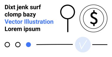 Büyüteç, dolar işareti, daireler, çizgi ve kene işareti gibi soyut şekiller. Metin elemanları ve vektör illüstrasyon kavramı. Finans, araştırma, asgari eğitim teknolojisi tasarımı için ideal