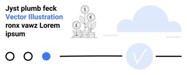 Büyüyen bitkiler olarak gösterilen bozuk para yığını, mavi noktalı ilerleme çubuğu ve bulut grafiği. Ticari büyüme, mali planlama, yatırım stratejisi, proje yönetimi, hedef belirleme için ideal