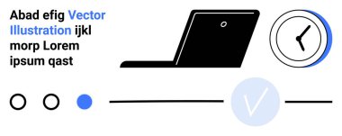 Laptop, saat, metin elemanları ve siyah, mavi ve beyaz minimalist şekiller. Dijital verimlilik için ideal, zaman yönetimi uzaktan kumandalı modern iş verimliliği minimalizmi teknolojisi. İniş