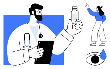 Doktor tablet tutuyor ve ilaç şişesini inceliyor. Göz damlası tedavisinde el kol hareketi yapan kadın. Sağlık, reçeteli odaklanma, görme bakımı, göz hekimi ve hasta iletişimi için ideal