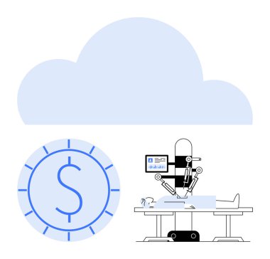 Hasta üzerinde robotik kol ameliyatı, veri depolamayı simgeleyen bulut, dolar madeni para aydınlatma maliyetleri. Sağlık, teknoloji, otomasyon, yenilik, finans, bulut hesaplama için ideal