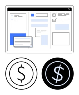 Kontrol listeleri, metin alanları ve izole edilmiş parasal çember elementlerinin üzerindeki notlarla dijital arayüz. Üretkenlik, finans, organizasyon, planlama, muhasebe bütçeleri stratejisi için idealdir. Düz basit