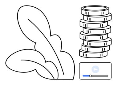 Yığılmış paraların yanında yeşil yapraklar ve ekolojik yatırım ve teknolojiyi temsil eden bir multimedya oyuncusu ikonu. Finans, sürdürülebilirlik, eko-ekonomi, büyüme, modern tarım ve video için ideal