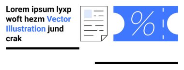 Metin bloklarının yanında yüzde işareti ve belge simgesi olan mavi kupon. Pazarlama, satış, teklifler, indirimler, e-ticaret, promosyonlar, müşteri ödülleri, soyut düz metafor