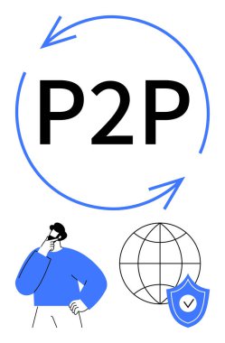 Etrafında oklar olan P2P metni, düşünceli bir figür, küre ve işaretli kalkan. Teknoloji, bağlantı, işbirliği, güvenlik iletişimi yeniliği ve ağ kurmak için ideal. Düz basit
