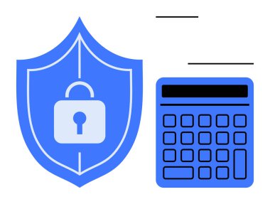Hesap makinesinin yanında güvenliği vurgulayan asma kilitli bir kalkan güvenli finansal süreçleri öneriyor. Siber güvenlik, finans, muhasebe, dijital koruma, şifreleme, kurumsal süreçler için ideal