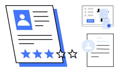 Değerlendirme yıldızları, kullanıcı verileri ve ödeme makbuzları olan çalışan profili. İdeal İK yönetimi, çalışan değerlendirmesi, çevrimiçi ödemeler, performans takibi, dijital profiller, mali