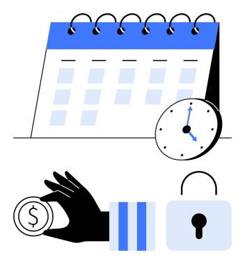 Takvim ve saat zamanlamayı simgeler, el ele tutuşan para finansı simgeler ve kilit de güvenliği simgeler. Üretkenlik, bütçe, tasarruf, organizasyon, güvenlik planlama süreleri için ideal. Düz