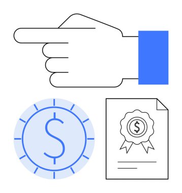 Sağ eli gösteren, üzerinde dolar işareti olan mavi para mührü ve ödül kurdelesi olan sertifikalı belge. Finans, rehberlik, sertifika, yatırım, sözleşme ödül yönü için ideal. Düz basit