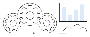 Bulut yapısı veri analizlerini gösteren çubuk grafiğinin yanındaki kilitli viteslerle oluşturuldu. Teknoloji, yenilik, bilişim çözümleri, yazılım geliştirme, veri işleme, bulut depolama için ideal