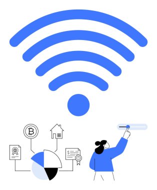 Üst kattaki büyük kablosuz sembol engelleme zinciri, gayrimenkul, sertifika ve pasta grafiği simgelerini gösteriyor. Teknoloji, bağlantı, finans, engelleme zinciri, İnternet dijital ekonomisi için ideal