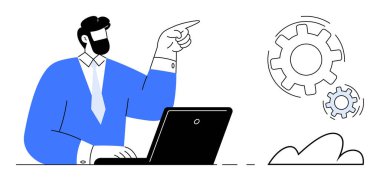 Mavi takım elbiseli bir adam dizüstü bilgisayarla bulut yakınındaki birbirine bağlı viteslere bakıyor. Teknoloji, yenilik, iş yönetimi, iş akışı, otomasyon, bulut hesaplama, takım çalışması için ideal. Düz basit