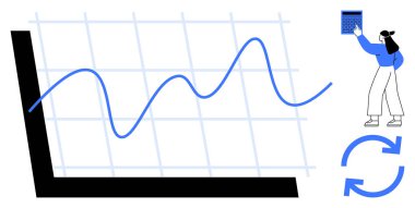 Izgaradaki çizgi grafik eğilimleri, verileri ayarlayan kişi, yenilenmek için dairesel ok, gelişim süreci, strateji veya büyüme. Analiz, teknoloji ve iş araştırma planlarını güncellemek için ideal