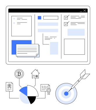 Dijital arayüz gösterim görevleri, analitik, finansal ikonlar ve hedefler. Üretkenlik, ticaret, finans, amaç organizasyon proje yönetimi stratejik planlaması için idealdir. Düz basit
