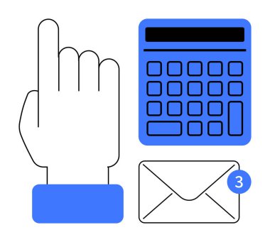 Hesap makinesinin yanında yukarı doğru uzanan bir el ve uyarı rozetli bir zarf. Üretkenlik, iletişim, finans, dijital araçlar, verimlilik, hatırlatıcılar, e-posta akışı için ideal. Düz basit