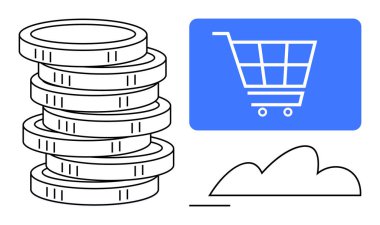 Çevrimiçi alışveriş ve finansmanı vurgulayan mavi alışveriş arabasının yanında bir yığın bozuk para. E-ticaret, iş, ekonomi, ödemeler, yatırımlar, tasarruflar, gelir için ideal. Düz basit metafor