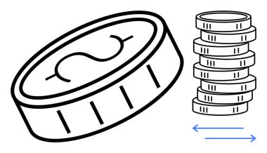 Bozuk para ve okların yanında dolar hatları olan tek bir madeni para, değiş tokuşu gösteriyor. Finans, para, ticaret, yatırım, tasarruf, ekonomi ve dijital işlemler için ideal. Düz basit metafor