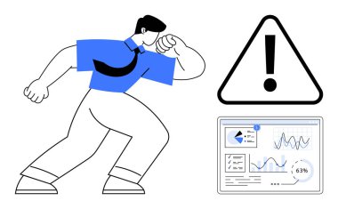 Uyarı levhası ve analitik gösterge paneli yakınında kararlı bir şekilde öne çıkan bir adam. Risk yönetimi, kriz tepkisi, karar verme, iş stratejisi, veri analizi, problem çözme, düz