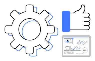 Çarklar, baş parmaklar, ve veri gösterge tablosu performans ve analiz. Üretkenlik, optimizasyon, verimlilik, takım çalışması, iş başarısı, veriye dayalı kararlar için ideal düz metafor