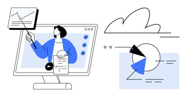 Ekranda bir büyüme grafiği sunan kişi. Bir pasta grafiği, depolama, veri paylaşımı, eğitim, çevrimiçi çalışma, araştırma, analiz, düz bir mecazda uzaktan işbirliği için biçimlendirilmiş bulut içerir