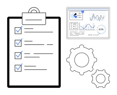 İşaretli görevleri olan kontrol listesi, çizelgeleri olan analiz paneli ve süreç optimizasyonunu temsil eden iki dişli simgesi. Üretkenlik, planlama, iş akışı, verimlilik, takım çalışması, organizasyon için ideal
