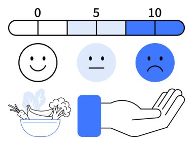 Mutluluktan üzüntüye, sağlıklı yemek kasesine ve refahı, yardımı ve tercihleri temsil eden el ikonu. Sağlık, beslenme, kişisel bakım, duygusal destek, hayır işleri için ideal.