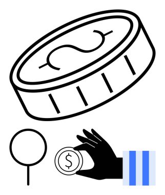 Dolar işareti, büyüteç ve yüzen bozuk para taşıyan bir elin minimalist tasarımı. Finans, ekonomi, yatırım, tasarruf, zenginlik iş kavramlarını analiz etmek için idealdir. Düz basit metafor