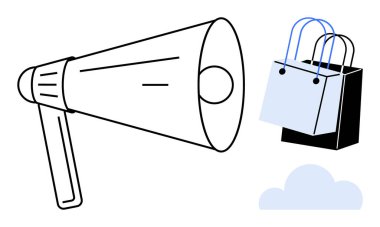 Megafon yansıtma sesi, alışveriş torbaları ve bir bulut. Reklam, pazarlama, e-ticaret, online alışveriş, promosyon duyuruları dijital ticaret için idealdir. Soyut çizgi düz metafor