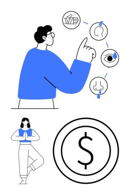 Erkeğin duyular için sembollerle etkileşimi, kadının yoga pozisyonunda meditasyon yapması ve dolar işareti. Farkındalık, akıl sağlığı, duyusal gelişme, kişisel finans, sağlık odaklı eğitim için idealdir. Düz