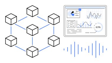 Blockchain düğümleri birbirine bağlı, grafikli analitik gösterge paneli, pasta grafikleri, ses dalgası. Engelleme zinciri, veri görselleştirme, analitik, teknoloji finans yapay zekası için idealdir. Düz basit metafor