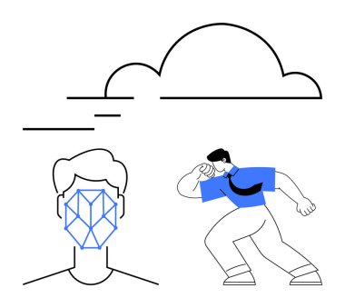 Yüz tanıma sistemi, yapay zeka ve veri depolamayı öneren bir bulutla hareket eden bir insan yüzü ve dinamik bir figür üzerinde. Yapay zeka, bulut hesaplama, güvenlik, kimlik, teknoloji, veri analizi için ideal