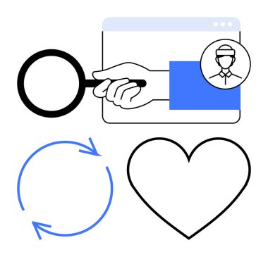 Büyüteç, kullanıcı profili, dairesel oklar ve kalp sembolü analizi, sürekliliği, kullanıcı odaklanmasını ve duygusal bağlantıyı vurguluyor. Teknoloji ve iş için ideal UX HR ağı