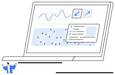 Laptop, çizgi grafiği, bar grafiği, navigasyon düğmeleri ve listeli analitik gösterge panelini gösterir. Teknoloji, iş stratejisi, istatistik, tahmin, verimlilik veri sunumu için ideal