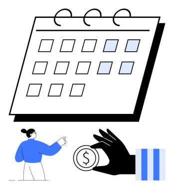 Vurgulanmış tarihli takvim, işaret eden kişi, el ele tutuşan para ve soyut grafikler. Zaman yönetimi, planlama, bütçe planlaması, finansal planlama için ideal.