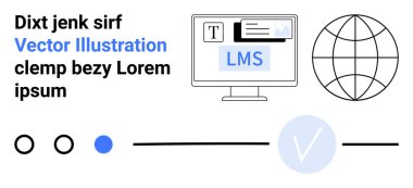 Bilgisayar monitörü LMS gösterge paneli, metin blokları ve simgeleri gösteriyor. Çevrimiçi eğitim, dijital öğrenme araçları, küresel bağlantı, teknoloji entegrasyonu, kullanıcı arayüzü tasarımı, mesafe