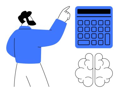 Adam, mantığı, hesaplamayı ve yeniliği temsil eden bir beyin hatlarının yanında büyük bir hesap makinesini işaret ediyor. Eğitim, finans, sorun çözme, analitik, öğrenme stratejisi için ideal basit