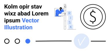 İşadamı risk değerlendirmesi yapıyor, dolar işareti, soyut şekiller, metin. Finansal, risk yönetimi, girişimler, strateji analizleri iş planlaması için idealdir. İniş sayfası